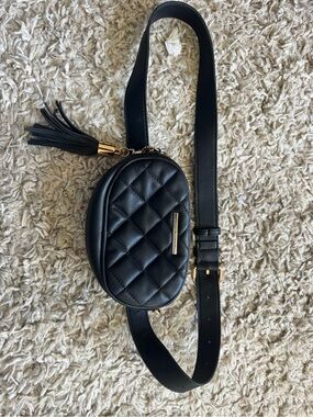 Aldo Black Quilted Oval Crossbody Belt Bag with Tassel